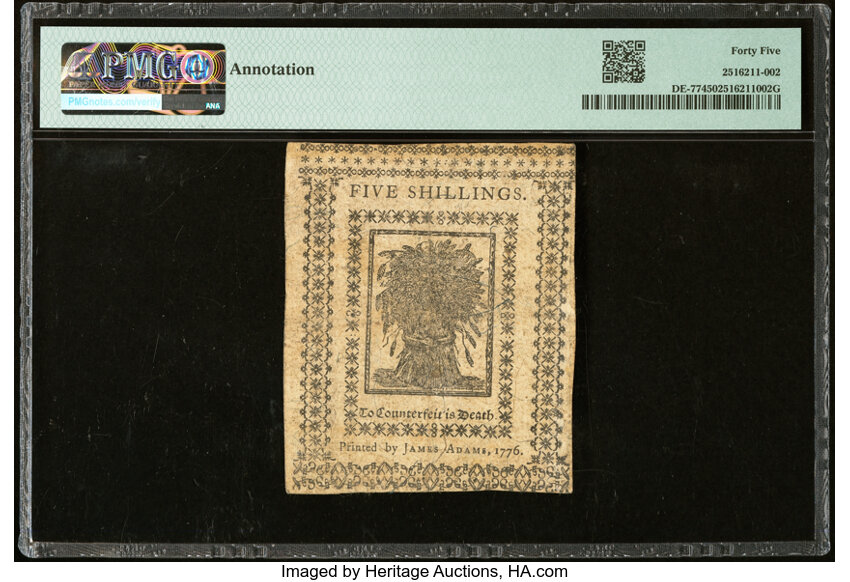 image for: Delaware January 1, 1776 5s PMG Choice Extremely Fine 45....