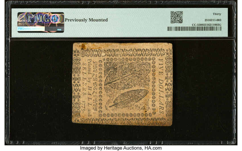 image for: Continental Currency May 10, 1775 $5 PMG Very Fine 30....