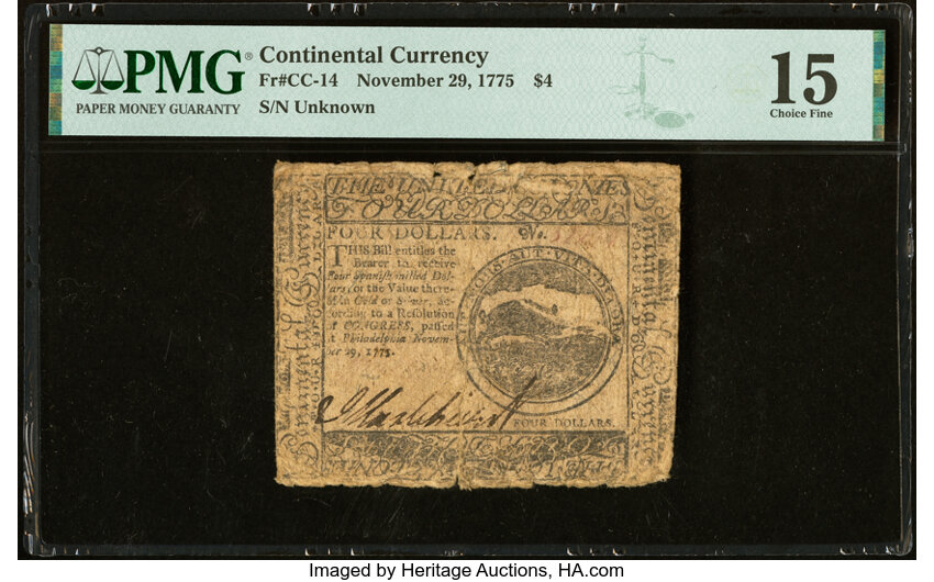 image for: Continental Currency November 29, 1775 $4 PMG Choice Fine 15....