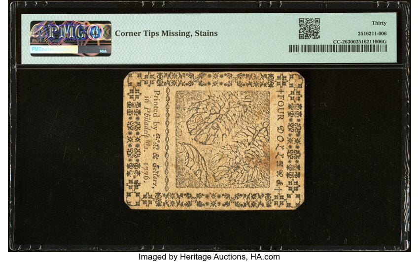 image for: Continental Currency February 17, 1776 $4 PMG Very Fine 30....
