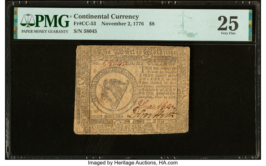 image for: Continental Currency November 2, 1776 $8 PMG Very Fine 25....