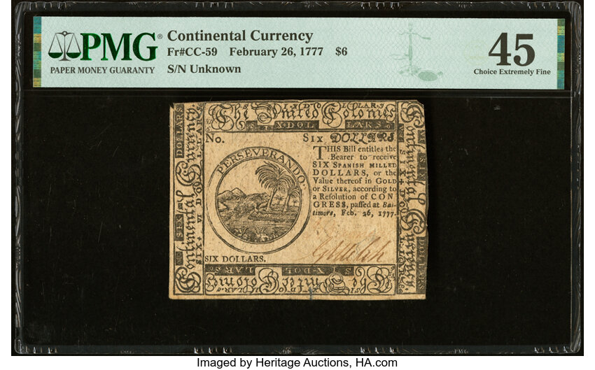 image for: Continental Currency February 26, 1777 $6 PMG Choice Extremely Fine 45....