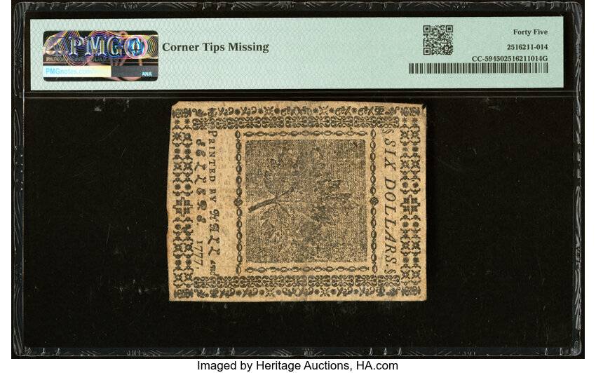 image for: Continental Currency February 26, 1777 $6 PMG Choice Extremely Fine 45....