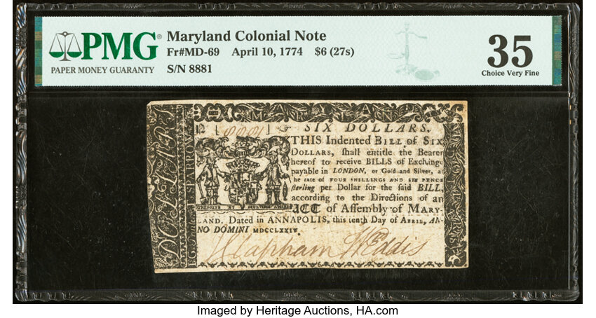 image for: Maryland April 10, 1774 $6 PMG Choice Very Fine 35....