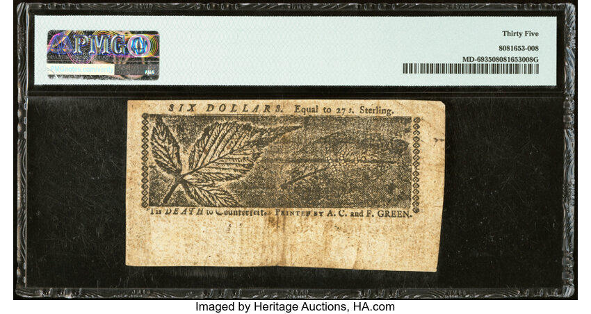 image for: Maryland April 10, 1774 $6 PMG Choice Very Fine 35....