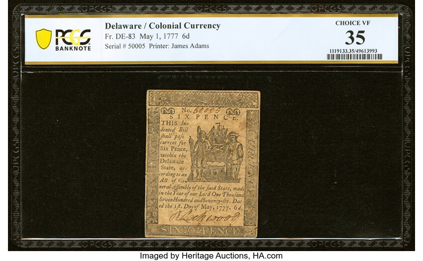 image for: Delaware May 1, 1777 6d PCGS Banknote Choice VF 35....