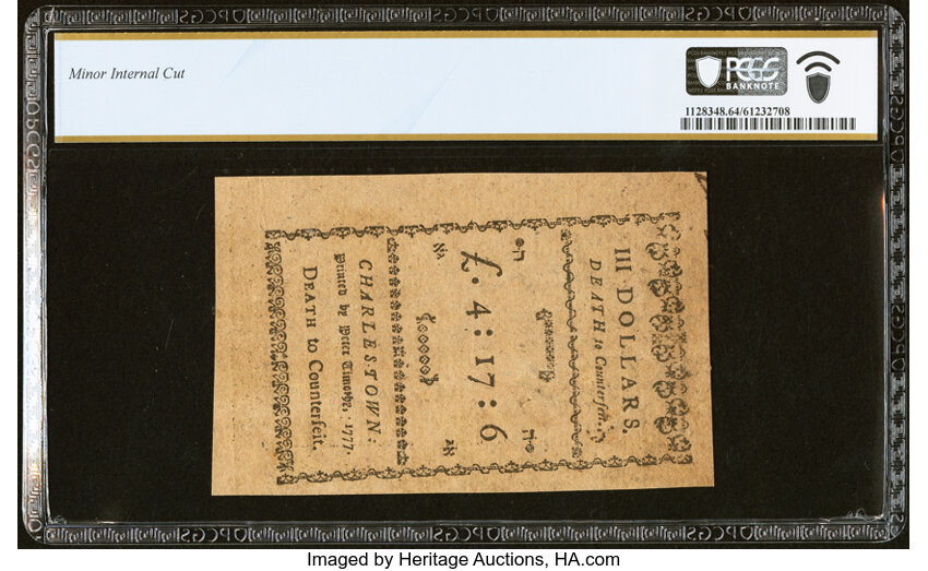 image for: South Carolina December 23, 1776 $3 Remainder PCGS Very Choice New 64....