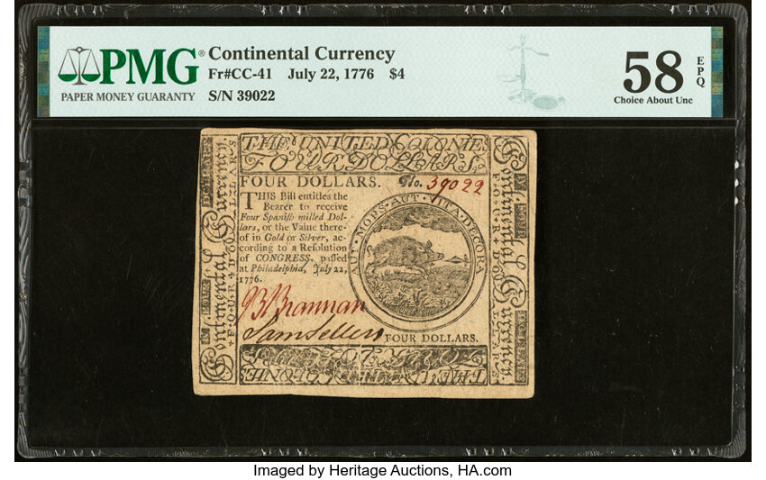 image for: Continental Currency July 22, 1776 $4 PMG Choice About Unc 58 EPQ....