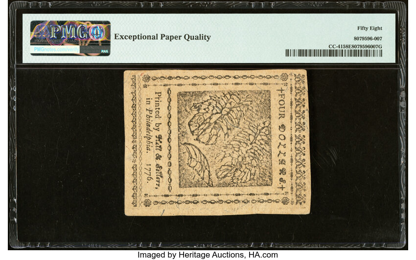 image for: Continental Currency July 22, 1776 $4 PMG Choice About Unc 58 EPQ....