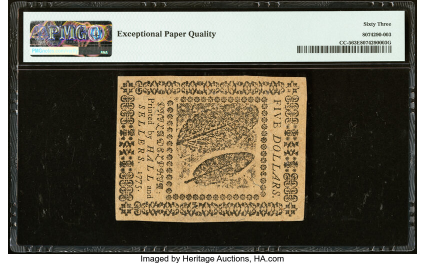 image for: Continental Currency May 10, 1775 $5 PMG Choice Uncirculated 63 EPQ....