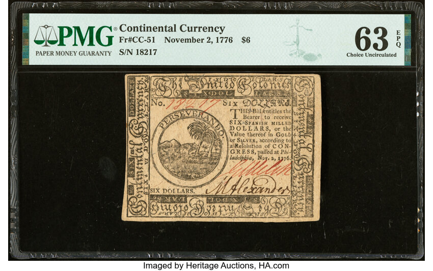 image for: Continental Currency November 2, 1776 $6 PMG Choice Uncirculated 63 EPQ....