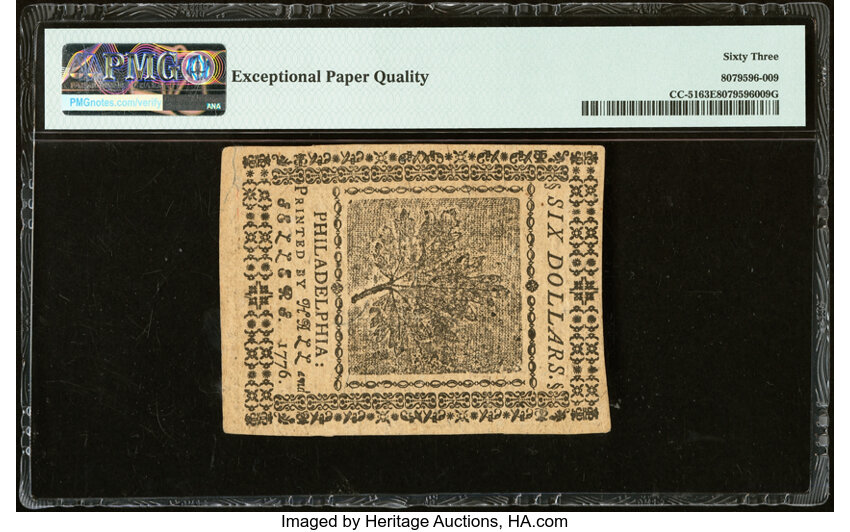 image for: Continental Currency November 2, 1776 $6 PMG Choice Uncirculated 63 EPQ....