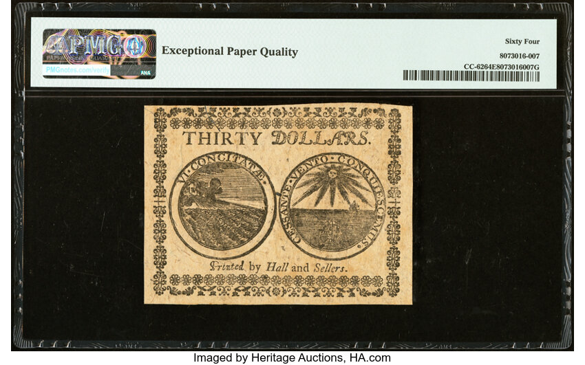 image for: Continental Currency February 26, 1777 $30 PMG Choice Uncirculated 64 EPQ....