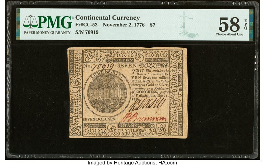 image for: Continental Currency November 2, 1776 $7 PMG Choice About Unc 58 EPQ....