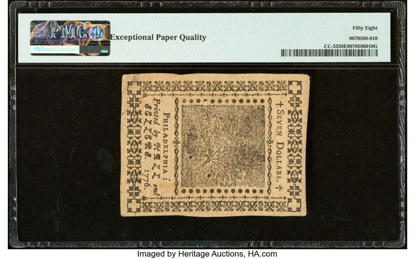 image for: Continental Currency November 2, 1776 $7 PMG Choice About Unc 58 EPQ....