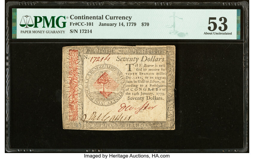 image for: Continental Currency January 14, 1779 $70 PMG About Uncirculated 53....