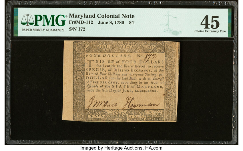 image for: Maryland June 8, 1780 $4 PMG Choice Extremely Fine 45....