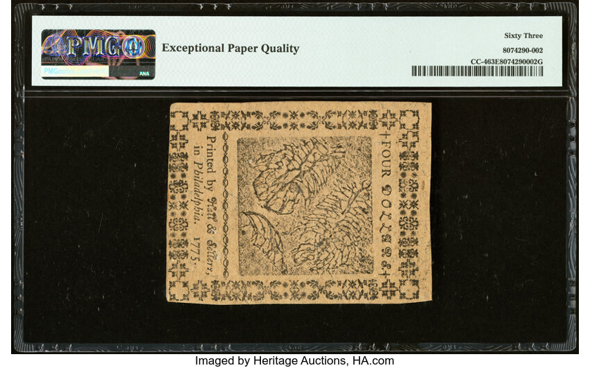 image for: Continental Currency May 10, 1775 $4 PMG Choice Uncirculated 63 EPQ....