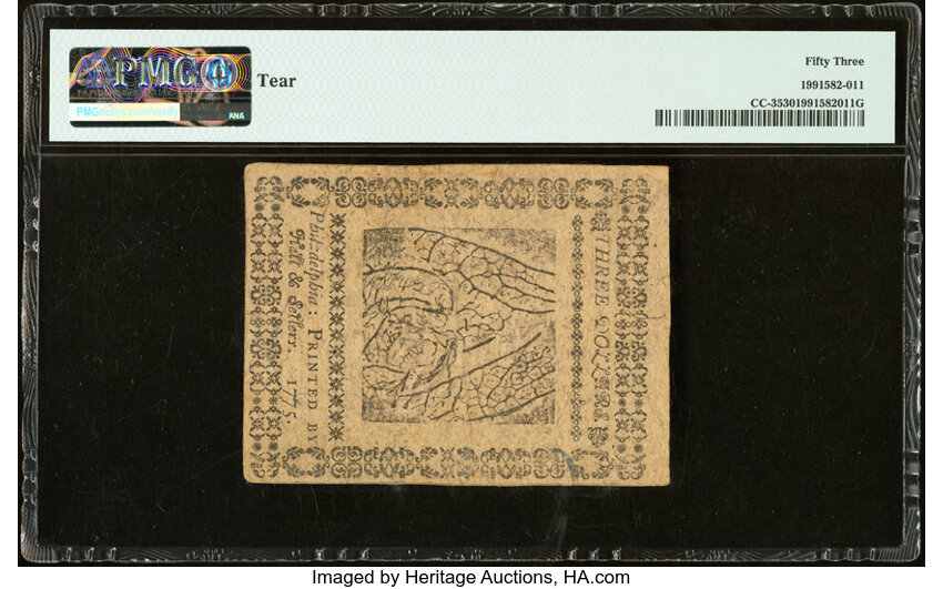 image for: Continental Currency May 10, 1775 $3 PMG About Uncirculated 53....