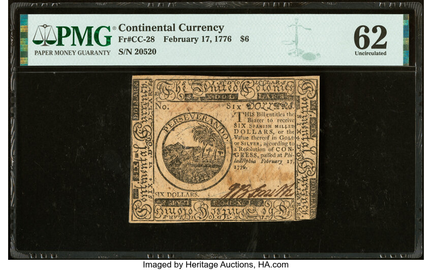 image for: Continental Currency February 17, 1776 $6 PMG Uncirculated 62....