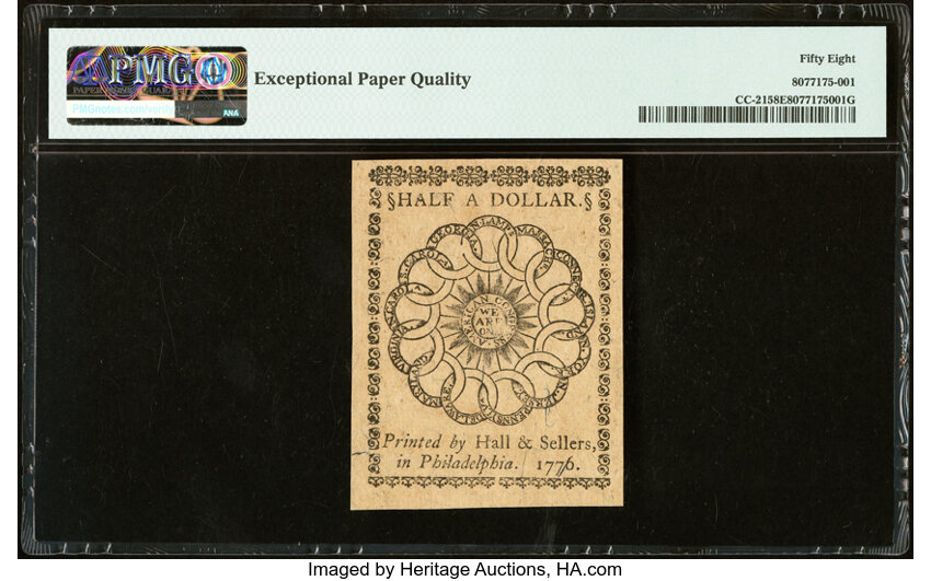 image for: Continental Currency February 17, 1776 $1/2 PMG Choice About Unc 58 EPQ....