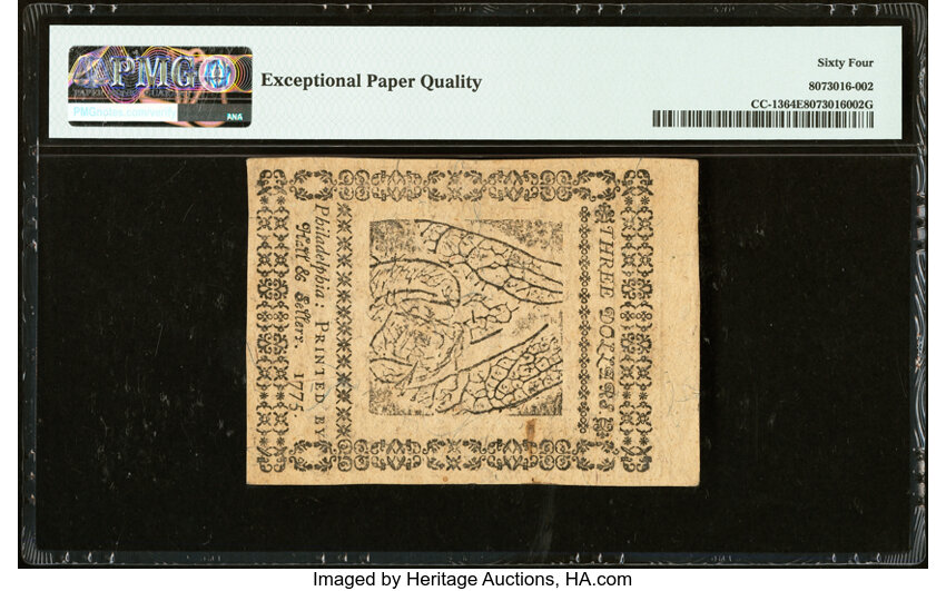 image for: Continental Currency November 29, 1775 $3 PMG Choice Uncirculated 64 EPQ....