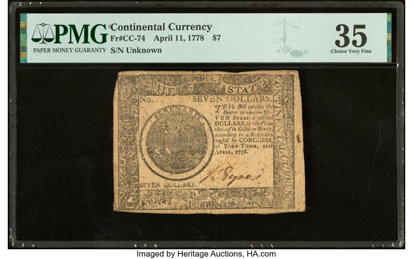 image for: Continental Currency April 11, 1778 $7 PMG Choice Very Fine 35....