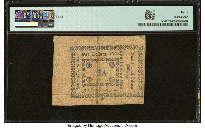 image for: South Carolina October 19, 1776 $6 PMG Very Fine 30....