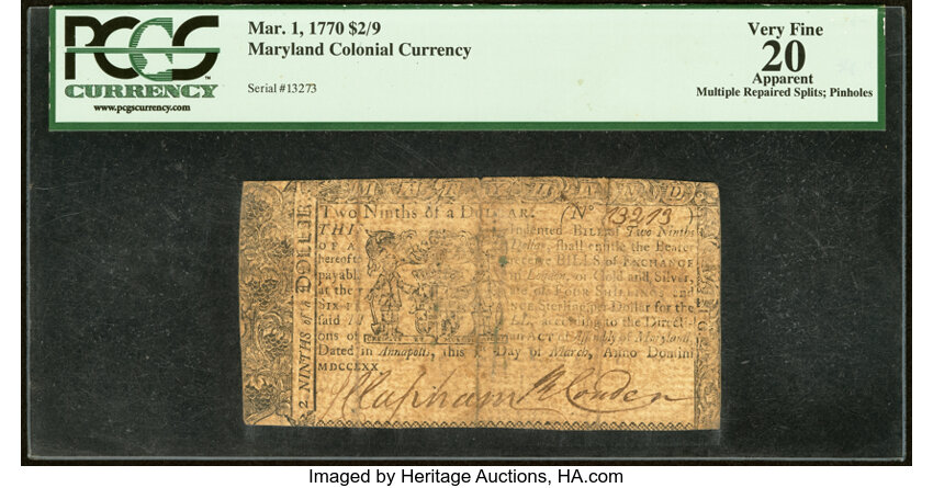 image for: Maryland March 1, 1770 $2/9 PCGS Apparent Very Fine 20....