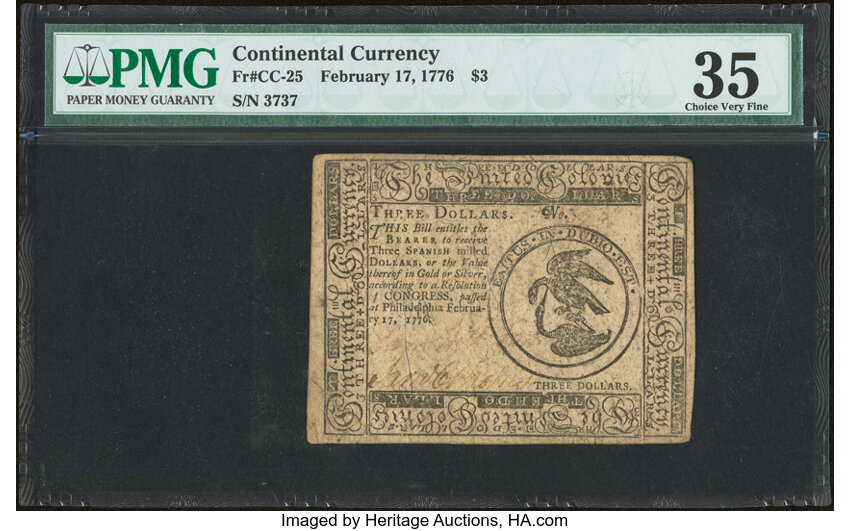 image for: Continental Currency February 17, 1776 $3 PMG Choice Very Fine 35....