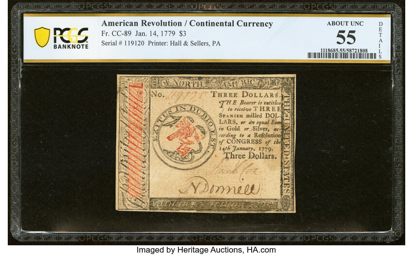 image for: Continental Currency January 14, 1779 $3 PCGS Banknote About Unc 55 Details....
