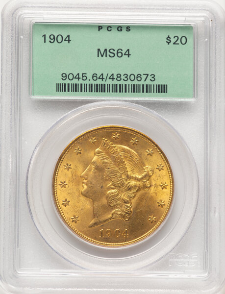 1904 $20 MS64 PCGS. House in a Generation 3.1 green label holder. CDN: $3,870.54 Whsle. Bid for NGC/PCGS MS64. Mintage 6,25...