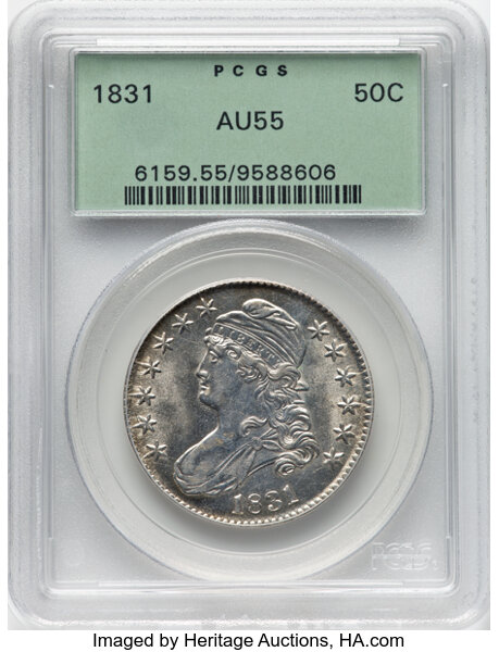 image for: 1831 50C O-102, R.1, AU55 PCGS. Housed in a Generation 3.1 green label holder. CDN: $400 Whsle. Bid for NGC/PCGS AU55. Mint...