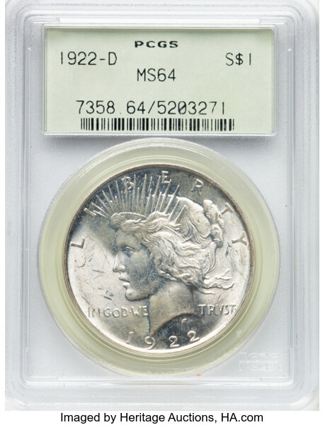 1922-D $1 MS64 PCGS. Housed in a Generation 3.0 green label holder. CDN: $185 Whsle. Bid for NGC/PCGS MS64. Mintage 15,063,...