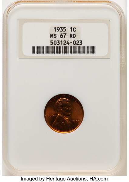 1935 1C MS67 Red NGC. Housed in a Generation 5 fatty holder. CDN: $140 Whsle. Bid for NGC/PCGS MS67. Mintage 245,388,000....