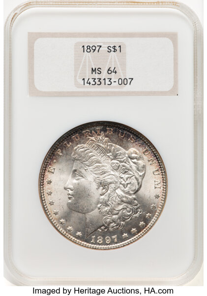 1897 $1 MS64 NGC. Housed in a Generation 4 fatty holder. CDN: $130 Whsle. Bid for NGC/PCGS MS64. Mintage 2,822,731.Fr...