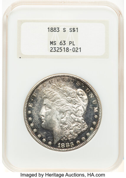 image for: 1883-S $1 MS63 Prooflike NGC. Housed in a Generation 4 fatty holder. NGC Census: (11/5). CDN: $9,000 Whsle. Bid for NGC/PCG...