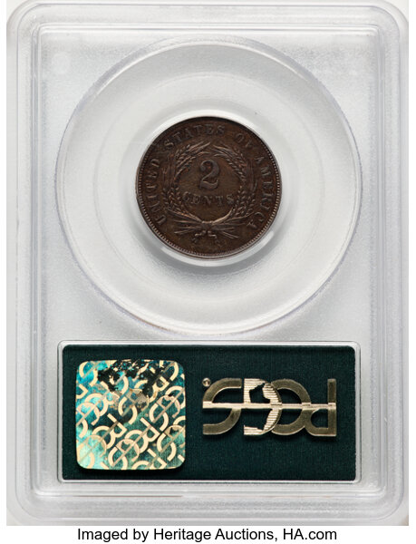 image for: 1865 2C PR62 Brown PCGS. Plain 5. Housed in a Generation 3.0 green label holder. PCGS Population: (2/80). CDN: $365 Whsle. ...