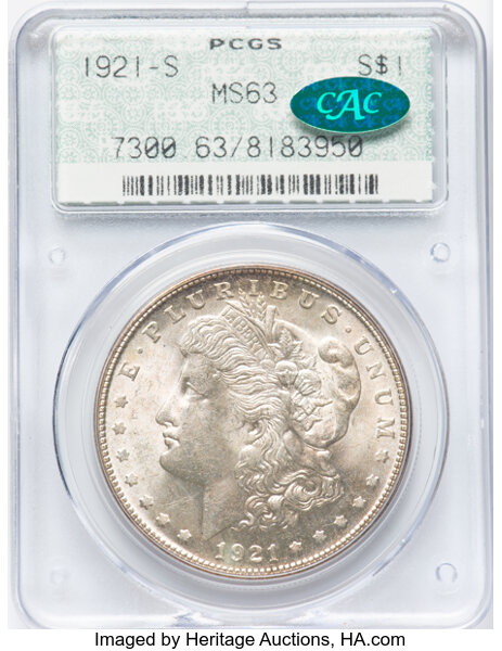 1921-S $1 MS63 PCGS. CAC. Housed in a Generation 2.0 Doily label holder, the slab's stacking collar is removed. CAC: 34 in ...