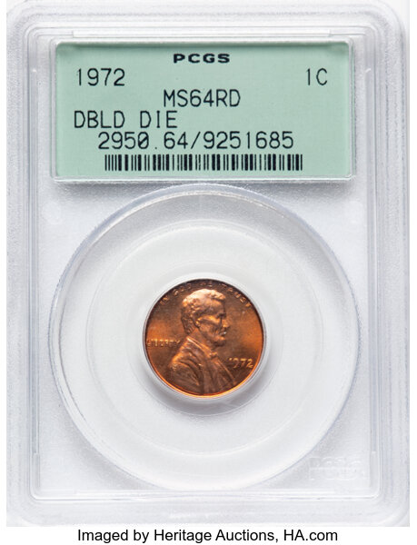 image for: 1972 1C Doubled Die Obverse, FS-101, MS64 Red PCGS. Housed in a Generation 3.0 green label holder.  CDN: $450 Whsle. Bid fo...