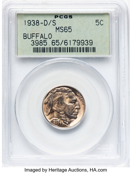 image for: 1938-D/S 5C FS-512 MS65 PCGS. Housed in a Generation 3.0 green label holder. CDN: $72 Whsle. Bid for NGC/PCGS MS65. Mintage...