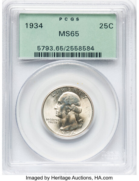 image for: 1934 25C Medium Motto, FS-402, MS65 PCGS. Housed in a Generation 3.1 green label holder.  CDN: $52 Whsle. Bid for NGC/PCGS ...