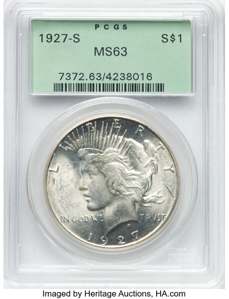 1927-S $1 MS63 PCGS. Housed in a Generation 3.1 green label holder. CDN: $675 Whsle. Bid for NGC/PCGS MS63. Mintage 866,000...
