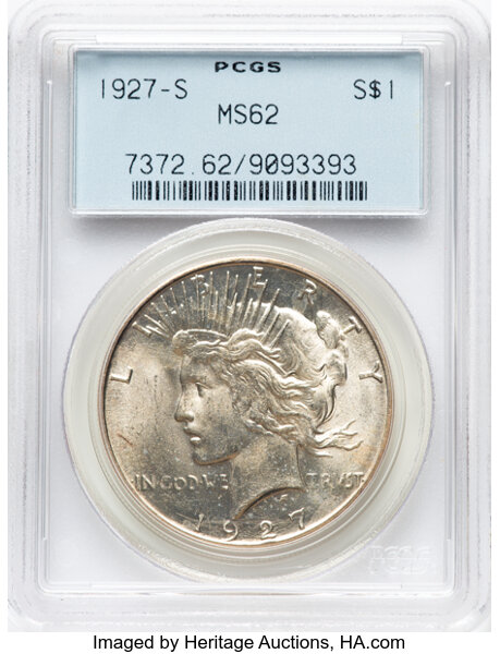 1927-S $1 MS62 PCGS. Housed in a Generation 3.0 green label holder. CDN: $400 Whsle. Bid for NGC/PCGS MS62. Mintage 866,00...