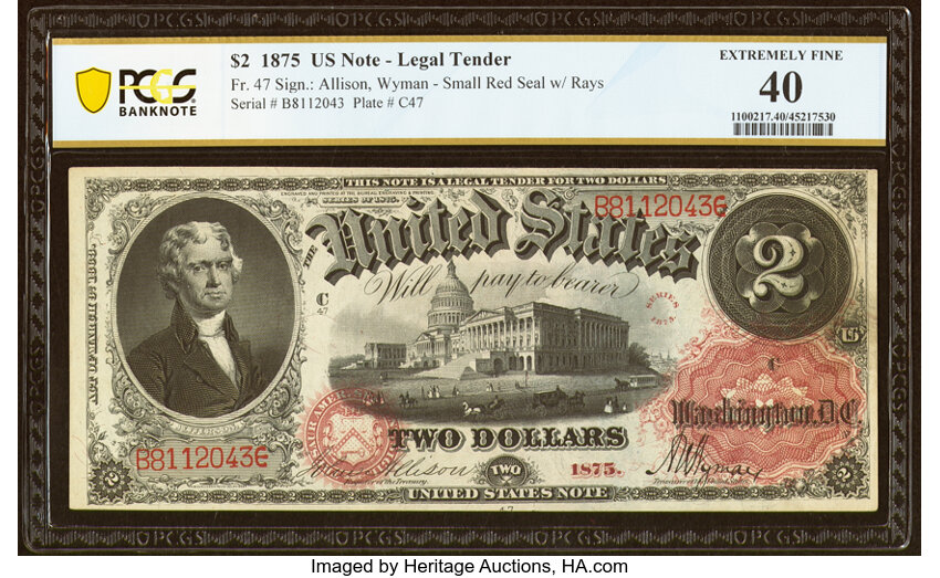 image for: Fr. 47 $2 1875 Legal Tender PCGS Banknote Extremely Fine 40....