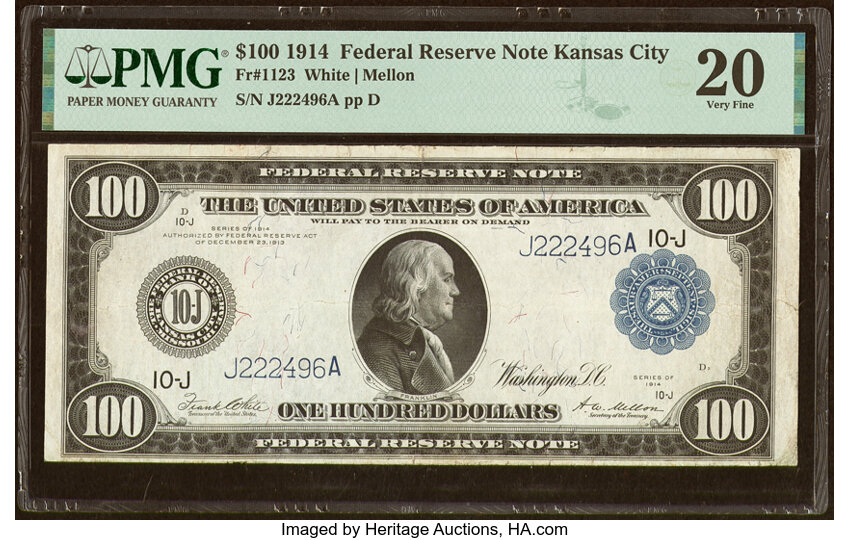image for: Fr. 1123 $100 1914 Federal Reserve Note PMG Very Fine 20....