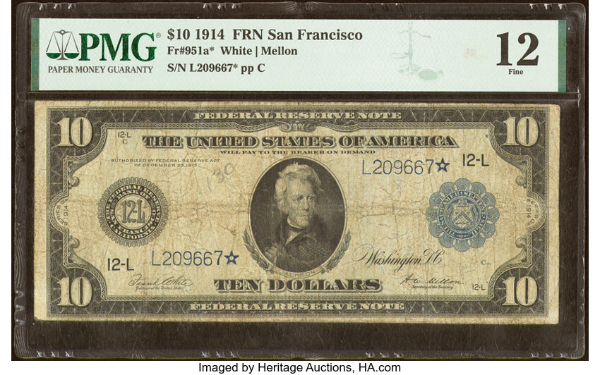 image for: Fr. 951a* $10 1914 Federal Reserve Star Note PMG Fine 12....