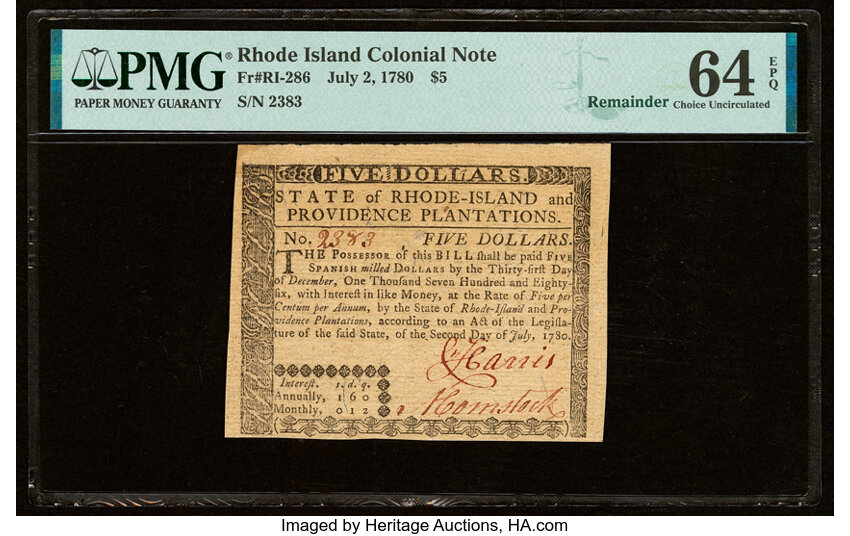 image for: Rhode Island July 2, 1780 $5 Remainder PMG Choice Uncirculated 64 EPQ....