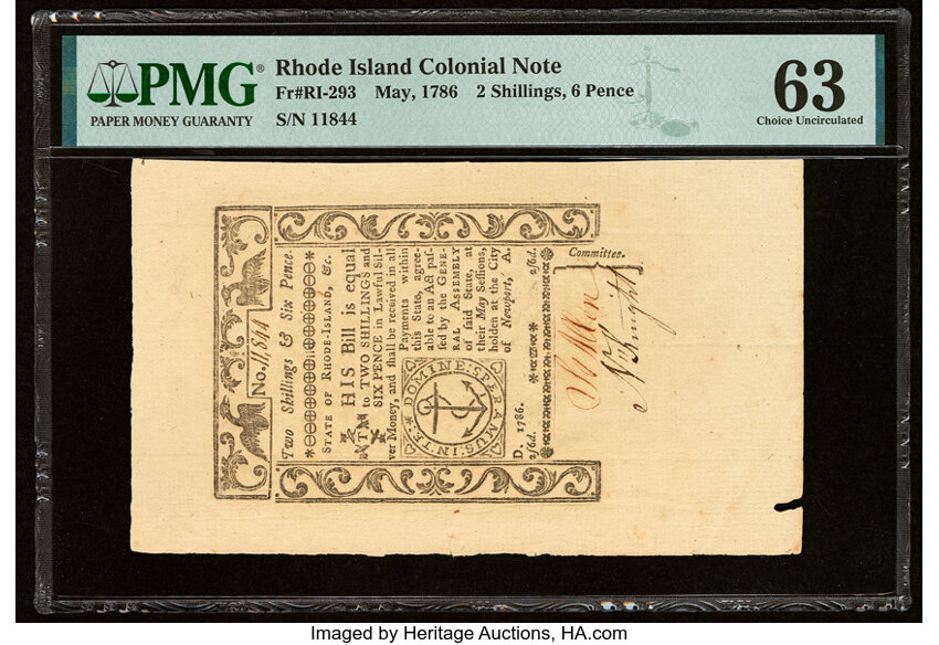 image for: Rhode Island May 1786 2s 6d PMG Choice Uncirculated 63....