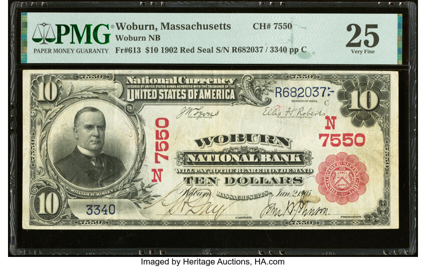 image for: Woburn, MA - $10 1902 Red Seal Fr. 613 Woburn National Bank Ch. # (N)7550 PMG Very Fine 25....